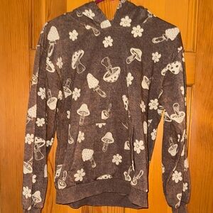 Brown Hoodie with Mushroom and Flower Print